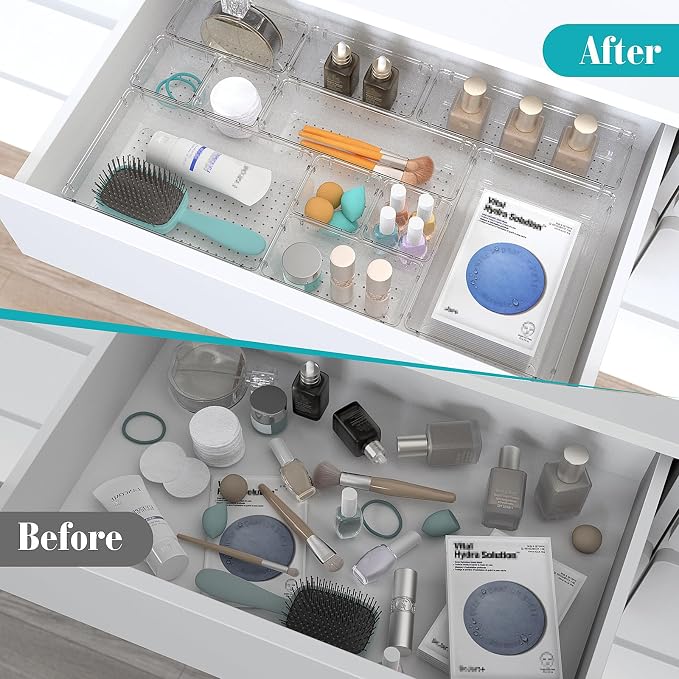 StorMiracle 33 PCS Clear Plastic Drawer Organizers Set, 4 Size Desk Drawer Organizer Trays for Makeup, Jewelry, Kitchen Utensils, Gadgets and Office Accessories