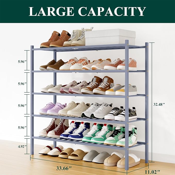 Smiry Bamboo Shoe Rack, 12 Vertical Slats, 5 Tier - 33.7" Wide, Grey | Stackable Free Standing Wooden Shoe Organizer, Wood Shoe Storage Shelf for Closet, Entryway