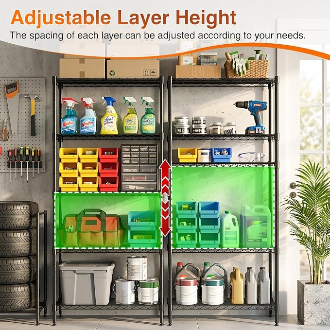 BestOffice | 5-Tier Wire Shelf with Wheels | 14" x 30" x 60" | Black | Storage Shelves with Adjustable Racks, Holds upto 220 lbs | Rust-Resistant, No-Tool Assembly | For Home, Garage