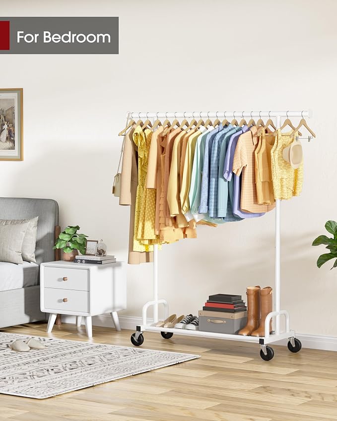 Sakugi Clothes Rack - Large-Capacity Clothing Racks for Hanging Clothes with Lockable Wheels, Space-Saving Metal Coat Rack for Bedroom, Laundry Room, Entryway, 45.6" x 16.9" x 59", White