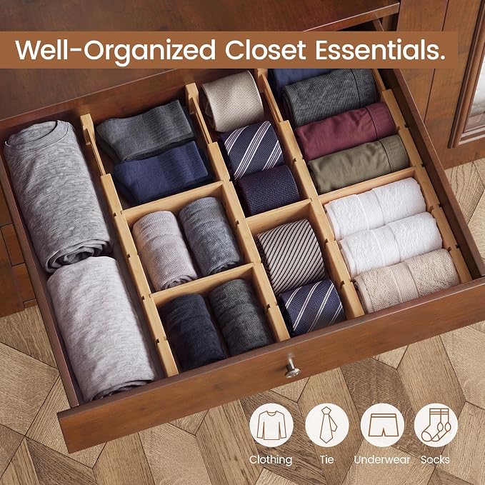 Bamboo Drawer Dividers 6 Pack with Inserts, Kitchen Adjustable Drawer Organizers for Home, Bedroom, Dresser, Expandable Organization 6 Dividers with 12 Inserts