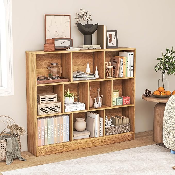 Giantex 10 Cube Bookcase, 4-Tier Freestanding Bookshelf w/ 10 Open Compartments, 2 Anti-Tipping Kits, Modern Display Cabinet, 41" Wood Cubby Storage Organizer for Living Room, Bedroom, Natural