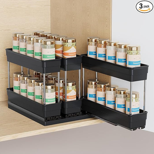 Mystozer Pull Out Spice Rack Organizer for Cabinet, Slide Out Spice Racks Organizer, Easy to Install Spice Cabinet Organizers, 8.5''Wx10.5''Dx8.3''H, 3 Drawers - 2 Tiers (Black)
