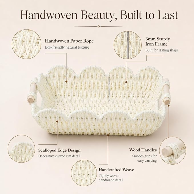 Coeusy Scalloped Basket, Paper Rope Basket for Gifts with Handles, Cute Storage Basket for Display,Decorative,Shelves,Snack,2 Pack, White