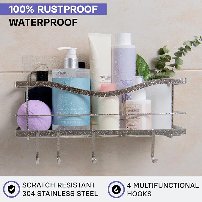 KINCMAX Premium Shower Caddy - Self Adhesive Shower Organizer with 4 Hooks, Rustproof Stainless Steel Shower Rack for Bathroom, Silver