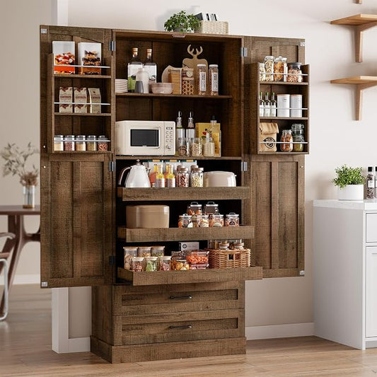 71" Tall Farmhouse Kitchen Pantry Cabinet with 3 Pull Out Shelves & 2 Large Drawers, Pantry Storage Cabinet with 6 Door Shelf & Adjustable Shelf, Freestanding Cupboard for Kitchen, Dining Room