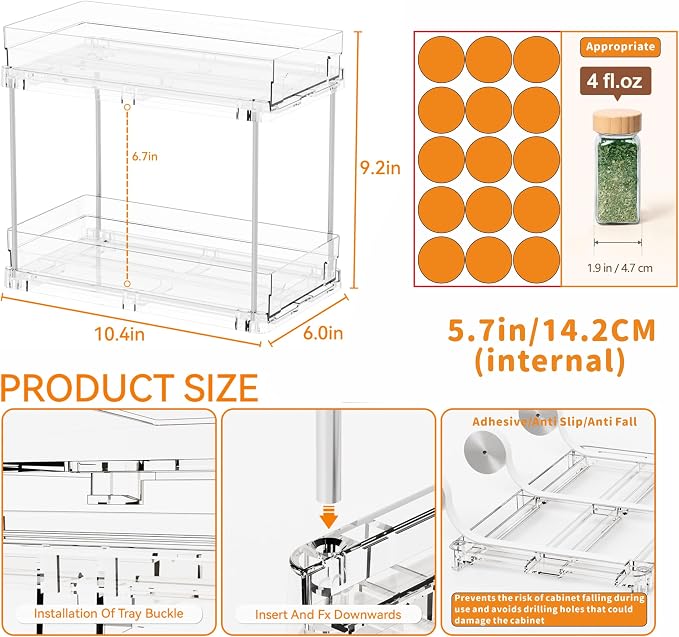 2 Tier Vertical Spice Rack Pull Out,10.4'' Deep Narrow Slide Out Spice Rack Organizer for Inside Cabinets,Kitchen,Pantry,Cupboard Seasoning,Can,Jar Organizer and Medicine Cabinet Storage