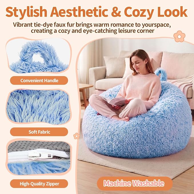 Stuffed Animal Storage Bean Bag Chair Cover, Soft Bean Bag Cover | Fluffy Faux Fur Stuffed Animal Storage Chair, Non-Slip Bottom, Fill with Plush Toys or Blankets, for Adults Teens Kids Girls