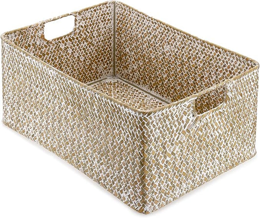Hipiwe Wicker Storage Basket Bin X-Large Rectangular Opened Baskets Box | Handwoven Seagrass Basket Box with Handle for Shelf Organizing Closet Bathroom, 15.7" L x 11.8" W x 7.5" H