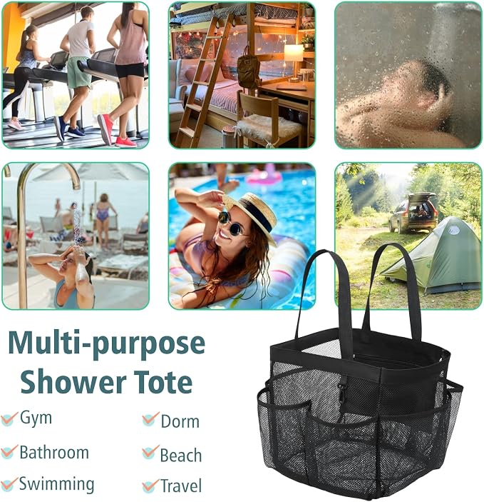 Mesh Shower Caddy Portable - 8 Pockets Extra Large Shower Bag for Dorm | S-Hook, Quick-Dry, Hanging Toiletry Organizer, College Dorm Room Essentials for Girls, Gym, Travel & Bathroom, Black