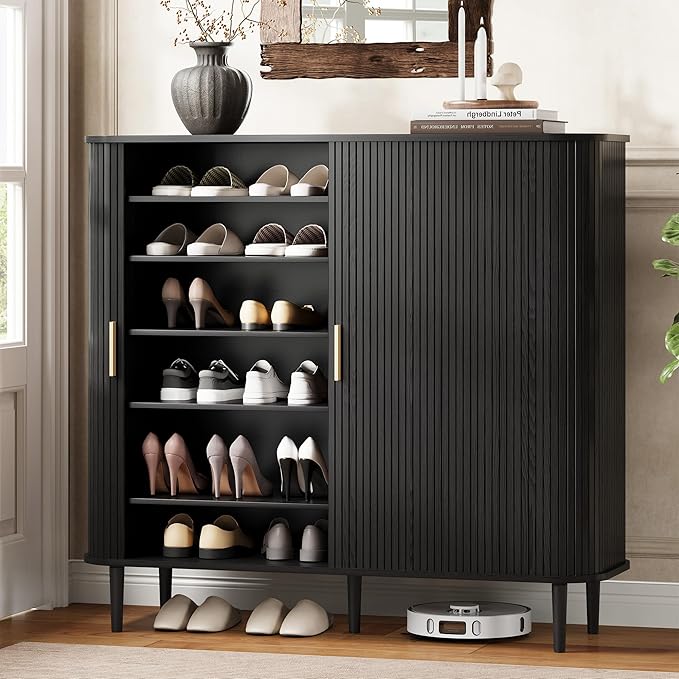 DHH Shoe Storage Cabinet with Sliding Door, 6-Tier Shoe Cabinet with Adjustable Shelves, Mid Century Modern Freestanding Shoe Storage Organizer for Entryway, Hallway, Living Room (Black, 47 ")