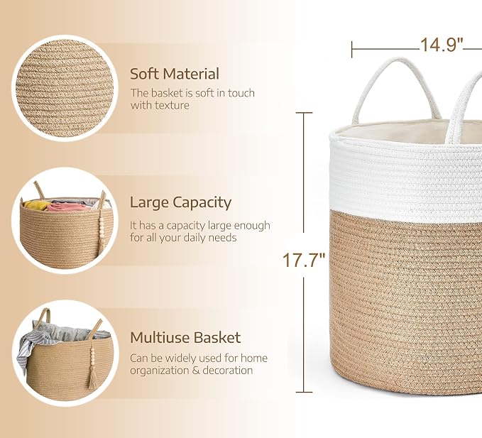 Mkono Woven Storage Basket Decorative Rope Basket Wooden Bead Decoration for Blankets,Toys,Clothes,Shoes,Plant Organizer Bin with Handles Living Room Home Decor, 15"Wx17.7"L,White and Yellow | Cream White and Brown, Decorative Basket with Handle, Wood ...