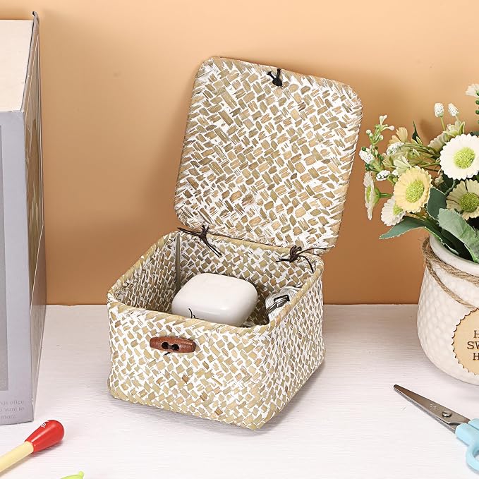 Hipiwe Small Seagrass Basket with Lid Handwoven Decorative Shelf Basket Mini Wicker Storage Box Multipurpose Desktop Organizer for Key Hair Ties, Whitewash 4.7" x 4.7" x 3"