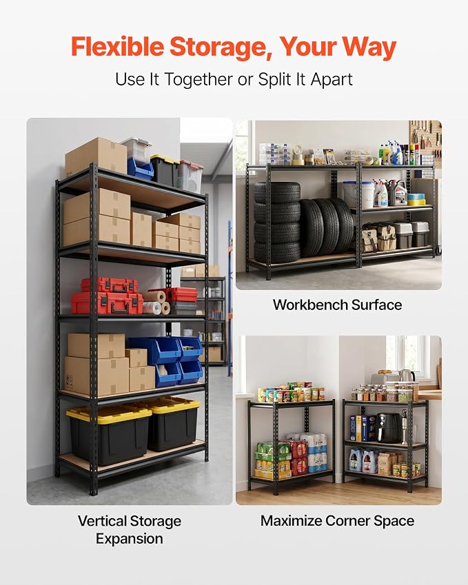 VEVOR Storage Shelves, 5-Tier Adjustable, 2000 lbs Capacity, Heavy Duty Garage Storage Shelving Unit, Metal Utility Rack Shelf, for Garage Warehouse Basement Kitchen, 36.34" W x 16.34" D x 71.38" H