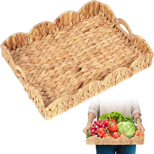 Scalloped Water Hyacinth Tray, Hand-Woven Wicker Storage Baskets with Scalloped Edge and Handles (17x13x3in) Rectangular Handwoven Trays, Water Hyacinth Basket for with Built-in Handles