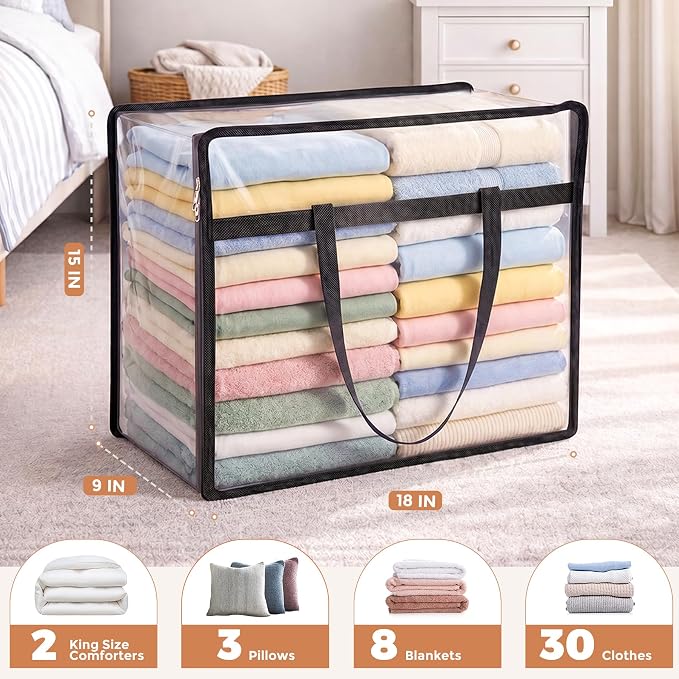 4 Pack Clear Storage Bags for Clothes, 40L Closet Organizers and Storage | Plastic storage with zipper and handle, moving bags, under-bed storage, closet organizer for blankets, comforters, toys