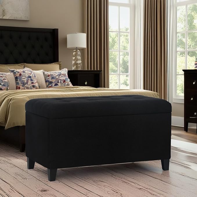 Storage Ottoman Bench, Tufted Fabric Upholstered End of Bed Bench with Safety Hinge Wooden Legs, for Entryway Bedroom (Cotton and Linen Black, 33.3")