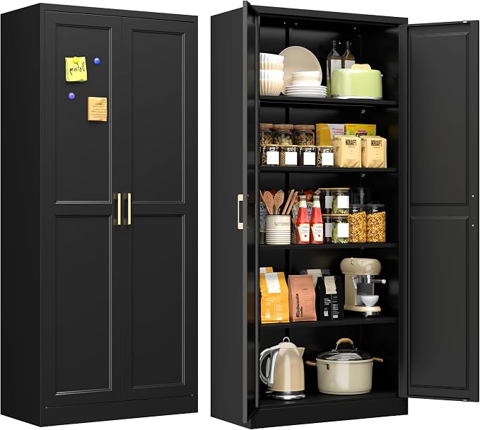 71" Tall Black Metal Storage Cabinet with Doors, Heavy Duty | Freestanding Steel Kitchen Pantry Cabinet, 4 Adjustable Shelves (180 Lbs Load), Tall Cabinets for Home, Office and Garage