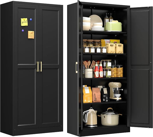 71" Tall Black Metal Storage Cabinet with Doors, Heavy Duty | Freestanding Steel Kitchen Pantry Cabinet, 4 Adjustable Shelves (180 Lbs Load), Tall Cabinets for Home, Office and Garage