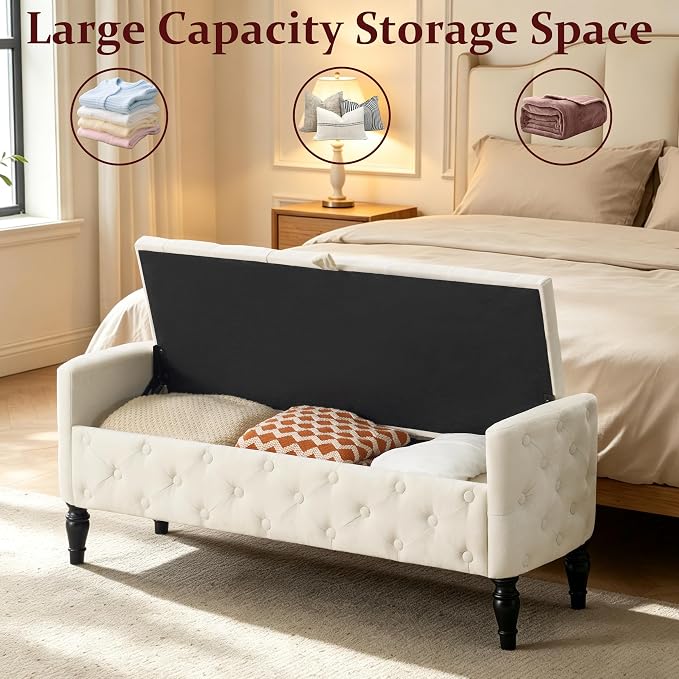 Royal Windsor 48" Ottoman with Storage,Tufted Storage Bench with Safety Hinge,Holds up to 350 lb,Black Wood Legs,Upholstered Bench with Arms for Bedroom,Living Room,Entryway,Linen Beige