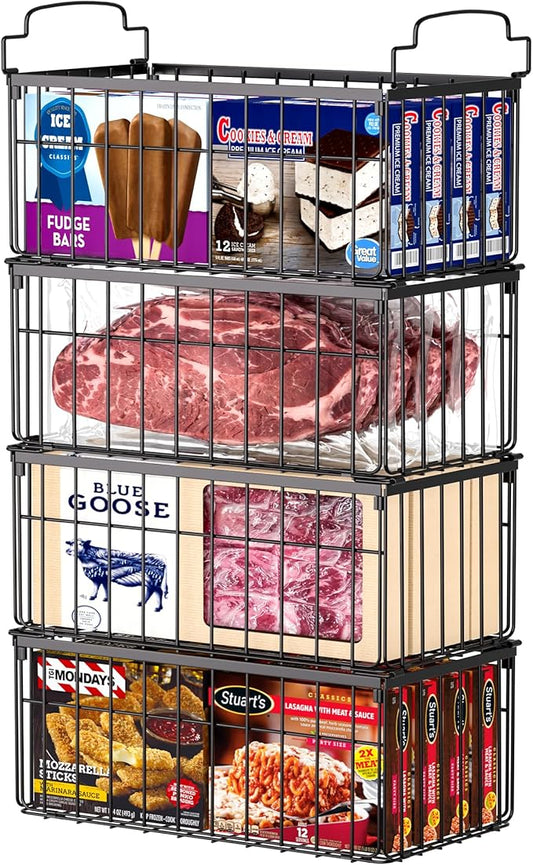MSERCUOR Freezer Organizer Bins, 4 Pack Stackable Deep Chest Freezer Organizer Bins, Foldable Baskets with Handles, Black Storage Container Baskets for 5/ 7 Cu.FT Deep Freezer Sort Frozen Meats