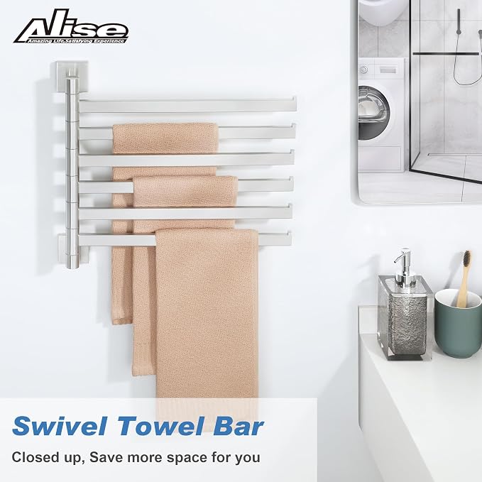 Alise 6 Arm Swivel Towel Rack, Swivel Towel Bar Brushed Nickel, 13.6 Inch | Space Saving Swing Arm Towel Rack for Bathroom Kitchen Outdoor, 180° Rotating, SUS304 Stainless Steel