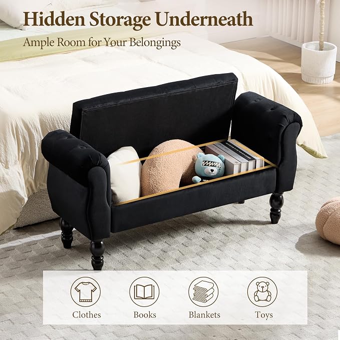 47″ Storage Bench with Arms End of Bed Bench,Velvet Entryway Bench with Storage, Button Tufted Upholstered Ottoman Bench Wood Legs, Window Sitting Bench for Bedroom/Living Room/Hallway, Black
