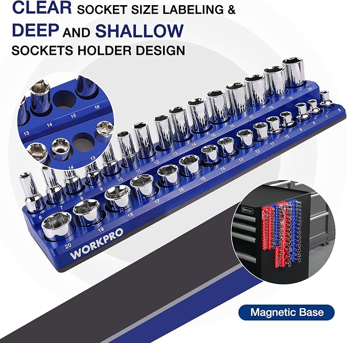 WORKPRO Magnetic Socket Organizer Set, 4-Piece Metric SAE Socket Holder Set | 1/4", 3/8", Drive Socket Trays, Holds 108-Piece Sockets, Suitable for Standard and Deep Sockets, Sockets not Included