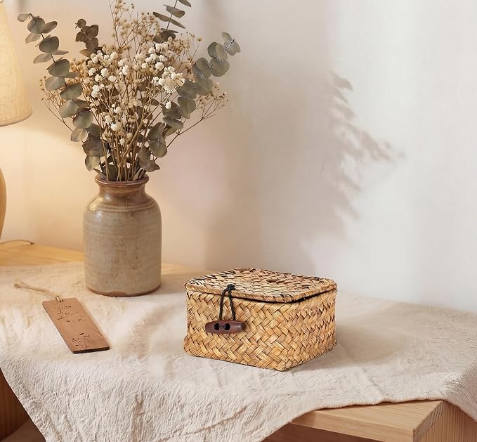 Hipiwe Handwoven Wicker Basket Box with Lid Small Seagrass Desk Organizer | Multipurpose Baskets Organizer for Remote Control Key, Rectangular Basket Box for Home Decor, Caramel 3.5" x 3.5" x 2"