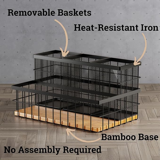 Hair Tool Organizer Countertop, Breathable Metal & Bamboo, Heat-Resistant | No Assembly Required, Removable Baskets, Heat-Resistant Iron, Bamboo Base, Spacious & Breathable Hot Tools Organizer Vanity