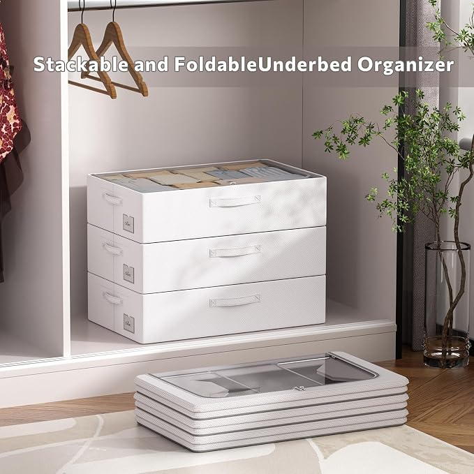 CYhom 3Pcs Under Bed Storage Bins with Metal Frame - Shoe Organizer for Closet with Clear Cover Oxford Fabric Sturdy Underbed Container Foldable Stackable Clothes Organizer (Grey, 23.5x11.8x6.3)