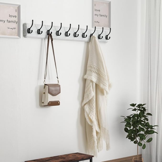 Coat Rack Wall Mount: 38-1/4" Long, Patented, Heavy-Duty, 10-Double-Hooks Wooden Hanger Rail for Winter Coats Hat Jacket Clothing, White & Black