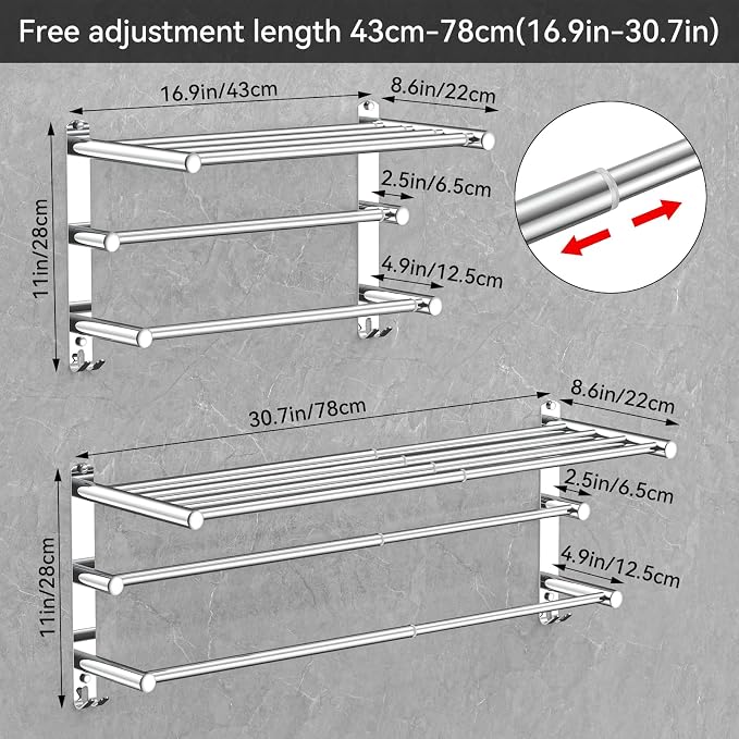 CAXIMSY Adjustable Towel Bar for Bathroom Wall Mount17-30.7inch Adhesive Shower Towel Rack Stainless Steel Bath Towel Holders for Toilet Kitchen Double Towel Hanger (3-Layer Towel Rack)