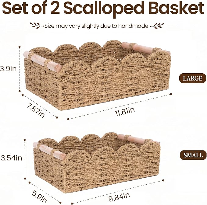 iEGrow Paper Rope Small Storage Baskets for Organizing, Set of 2 Scalloped Edge Wicker Basket with Wooden Handles Toilet Paper Basket for Over Toilet Storage Shelf, Home Decor, Living Room (Neutral)