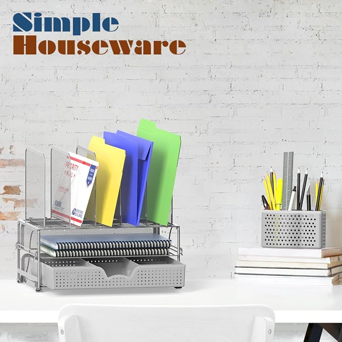 Simple Houseware Desk File Organizer for Office Supplies w/Drawer, Silver | Double Tray, Pencil Holder, and 5 Upright Sections with Sliding Drawer