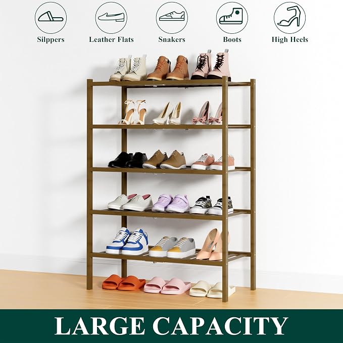 Smiry Bamboo Shoe Rack, 14 Vertical Slats, 5 Tier - 26.8" Wide, Walnut | Stackable Free Standing Wooden Shoe Organizer, Wood Shoe Storage Shelf for Closet, Entryway, Thicher Leg