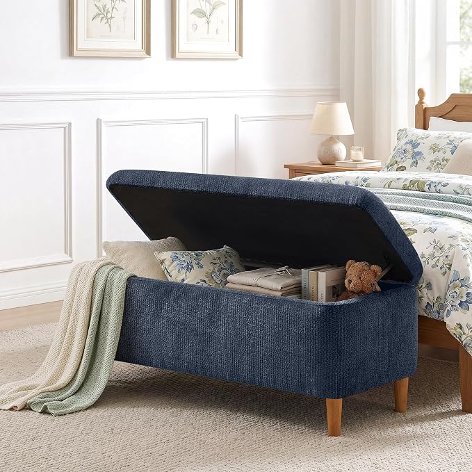 39.4" Ottoman with Storage Upholstered Storage Bench for Living Room | Modern Fabric End of Bed Bench Footstool with Wooden Legs Ottoman Bench for Window Hallway Entryway Bedroom Blue