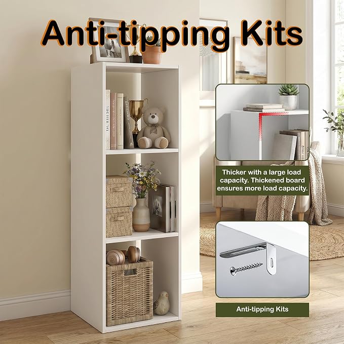 WannabeMyself【Sturdy Build&Easy Assembly】 3 Cube Storage Organizer with Anti-Tipping Kits,Reversible Open Back Book Shelf, Bookcase for Living Room,Bedroom,Entrance Hall,Office,12.2×11.4×35.9,White