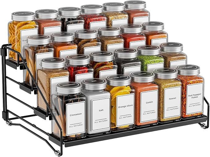BOIVSHI 4 Tier Spice Rack for Cabinet, Spice Rack Organizer, Depth Adjustable Spice Holder for Countertop, Cupboard, Pantry, Seasoning Shelf, Metal, Black (1 Pack)