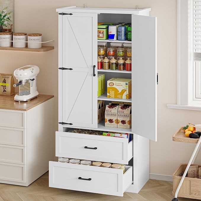 BORNOON Pantry Organizers and Storage Cabinet, 71” Barn Door White Kitchen Cabinet with Drawers and Adjustable Shelf, Tall Pantry for Kitchen, Dining Room, Living Room. Bathroom and Office