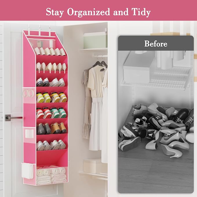 Shoe Storage, Over the Door Shoe Organizer, Hanging Closet Shoe Storage with Large Deep Pockets, Fits 16–24 Pairs of Sneakers, Sandals, Boots, Pink