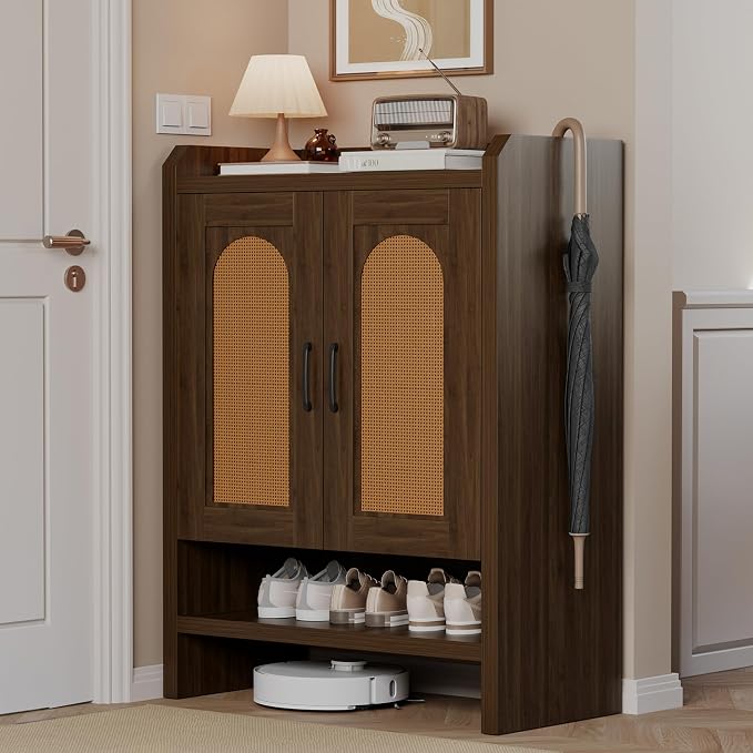 6-Tier Shoe Cabinet Storage for Entryway, Rattan Shoes Organizer Cabinets with Doors, Wooden Shoe Rack, Farmhouse Boho Wood Storage Cabinet (Walnut, 6-Tier)