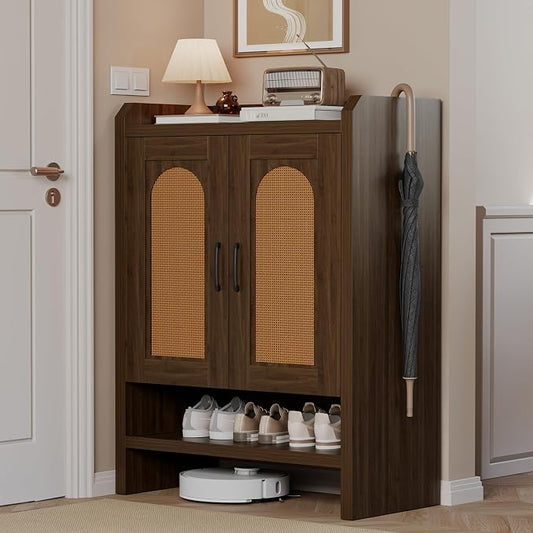6-Tier Shoe Cabinet Storage for Entryway, Rattan Shoes Organizer Cabinets with Doors, Wooden Shoe Rack, Farmhouse Boho Wood Storage Cabinet (Walnut, 6-Tier)
