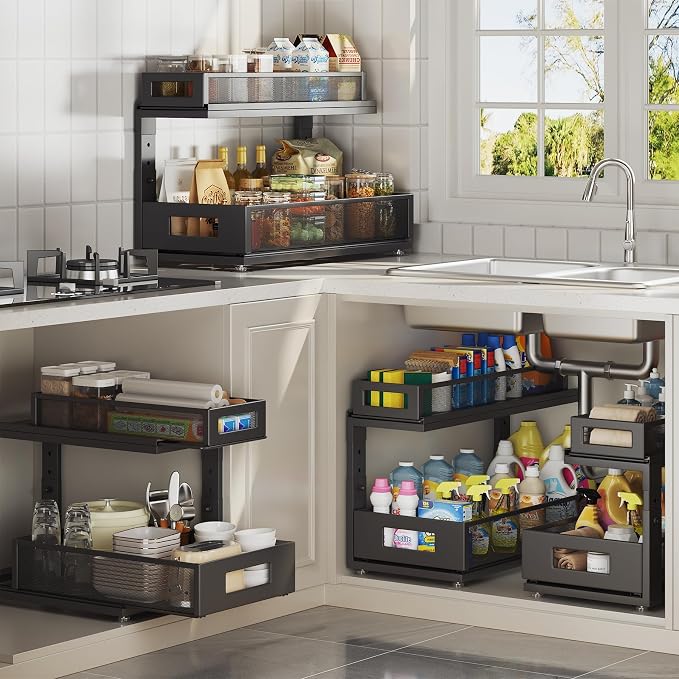 2 Pack 18.5IN-Depth Under Sink Organizer With Next-Gen Ball-Bearing Slides,2-Tier Pull Out Cabinet Storage,Height Adjustable Drawer Shelf for Bathroom,Kitchen,Laundry,Cabinet,Pantry-Black