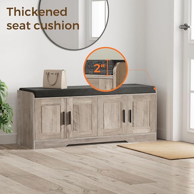 Homleke Shoe Storage Bench, 4 Doors & Thickened Padded Seat Cushion | 2-Tier Shoe Bench, Entryway Bench, Adjustable Shelf, 13.8" D x 45.3" W x 18.5" H, for Living Room, Bedroom, Greige