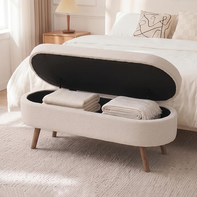 43.5” Storage Ottoman Bench，Upholstered Oval End of Bed Bench for Bedroom | Modern Linen Ottoman with Storage, Entryway Foot Rest with Wooden Legs, Lift-Top Lid with Safety Hinge, Living Room, Beige