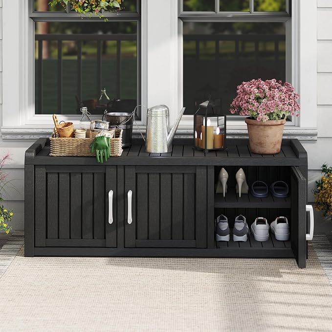 2-Tier Storage Bench, Waterproof UV-Resistant Outdoor Shoe Storage Cabinet with 3 Doors & Adjustable Shelves for Indoor Outdoor Entryway, Hallway, Living Room (Black)