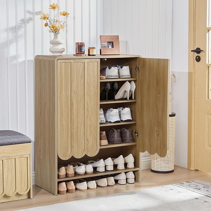 Shoe Storage Cabinet with Scalloped Doors, 5-Tier Wooden Shoe Cabinet with Adjustable Shelves, Shoes Rack Storage Organizer for Entryway, Hallway, Living Room, Natural