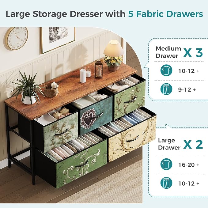 OLIXIS 5 Drawer Dresser for Bedroom, Storage Organizer Unit for Closet | Chest of Drawers for Clothes Storage with Bins, Wide Fabric Bedroom Dresser, Wooden Top, Living Room, Flower