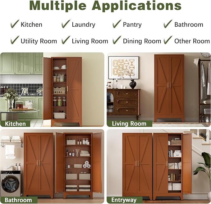 COFaR 5 Tier Metal Kitchen Storage Cabinets, 71" Pantry Cabinet with Doors and 4 Adjustable Shelves, Farmhouse Tall Cabinet for Pantry, Laundry Room,Living Room,Dinning Room (Antique Copper)